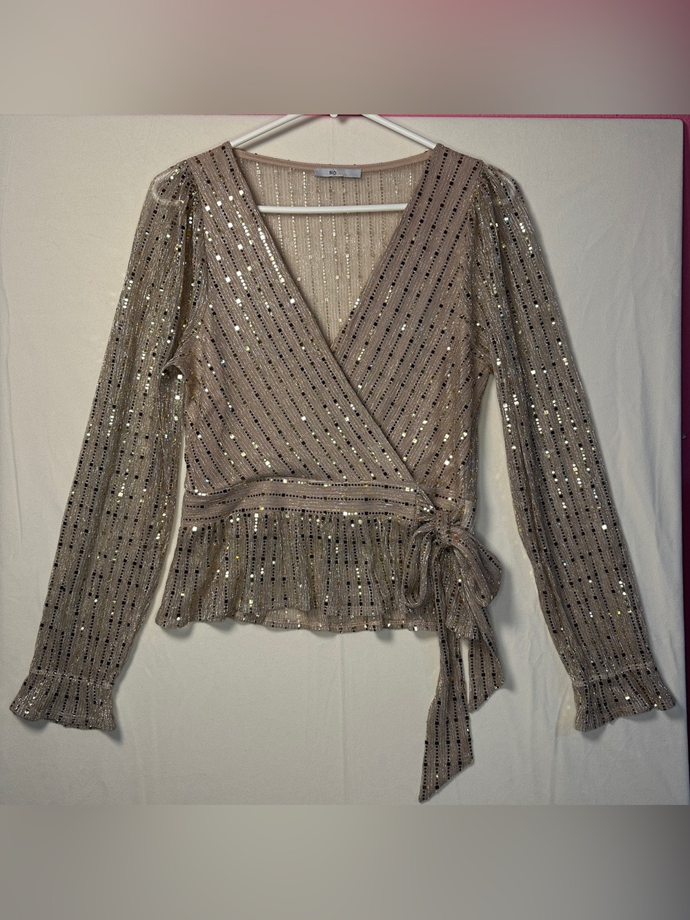 Romantic Sparkly Semi Sheer Peplum Blouse Ruffle Hem Wrap Bow Tie long sleeve